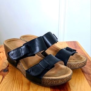 Clarks black leather and cork wedges